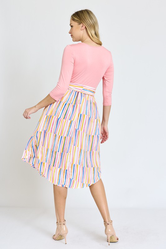 Plus Quarter Sleeve Stripe Sash Midi Dress