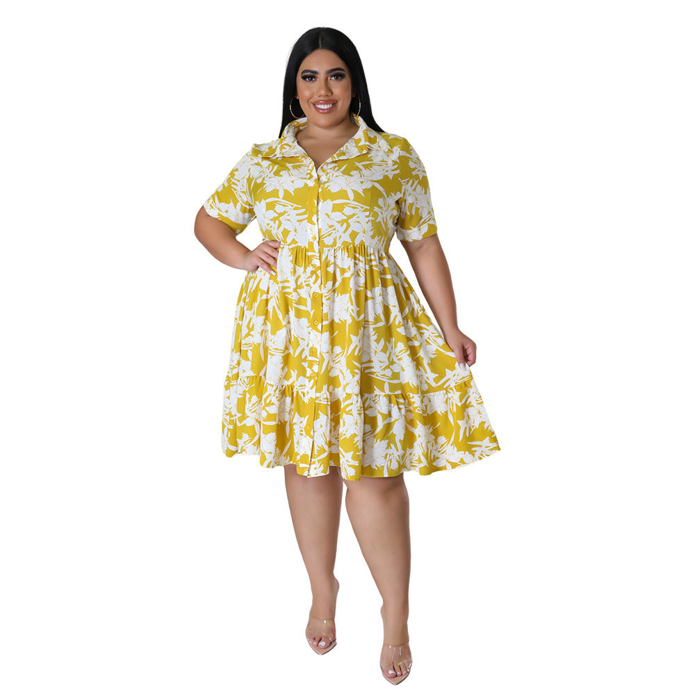 Women's Printed Short-sleeved Shirt Dress Button Casual