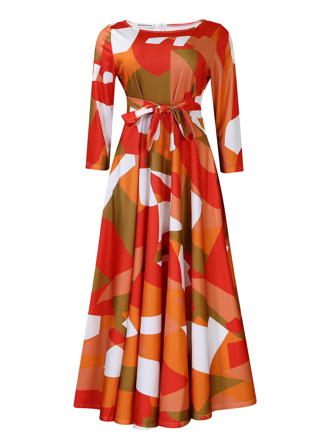 Fashion Temperament Printed Lace-up Crew Neck Large Swing Dress