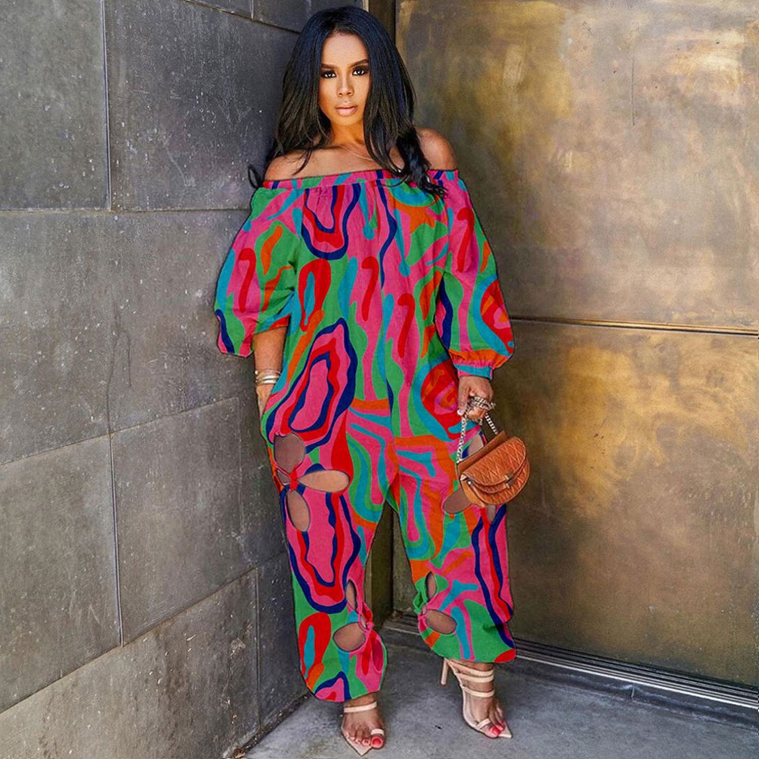 Slim Backless Crocheted Floral Print Plus Size Jumpsuit