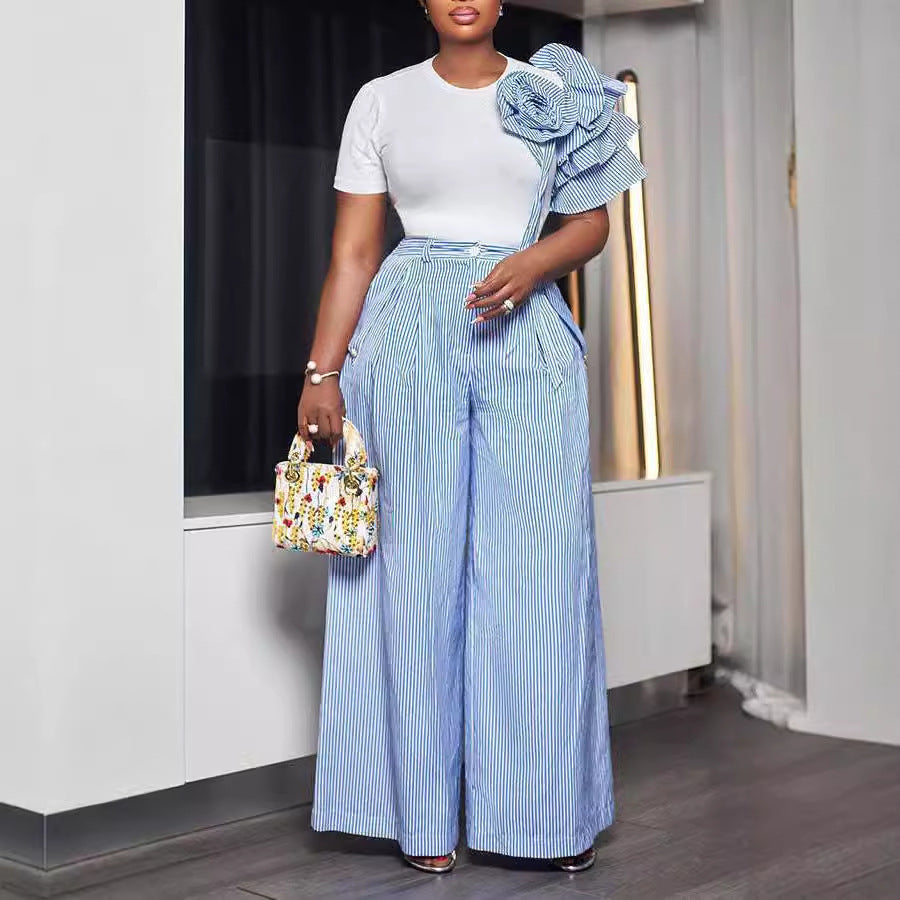 Round Neck Short Sleeve Striped Contrast Color Wide-leg Pants Two-piece Set