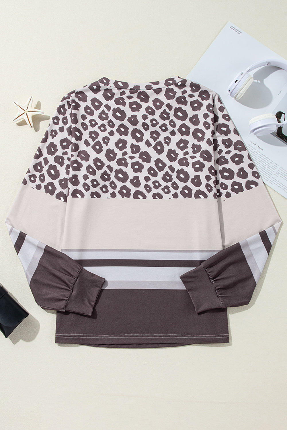Khaki Leopard Striped Color Block Long Sleeve Top