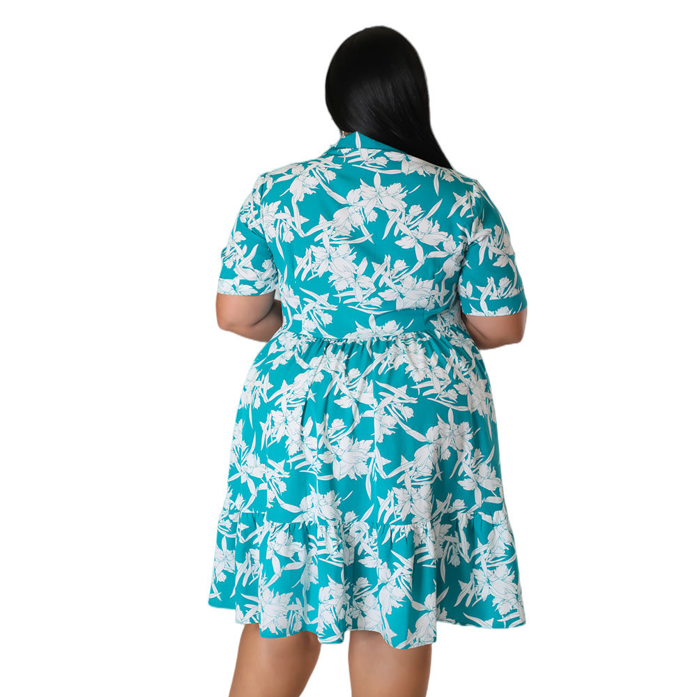 Women's Printed Short-sleeved Shirt Dress Button Casual