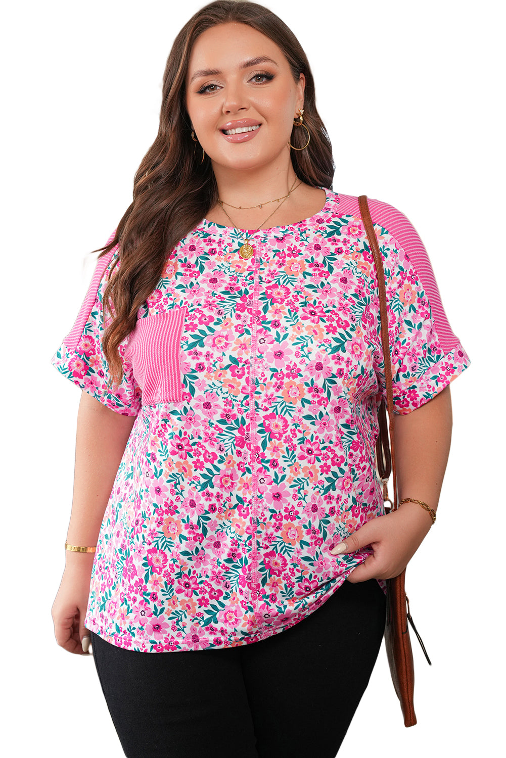 Pink Plus Size Floral Print Corded Patchwork Loose Top