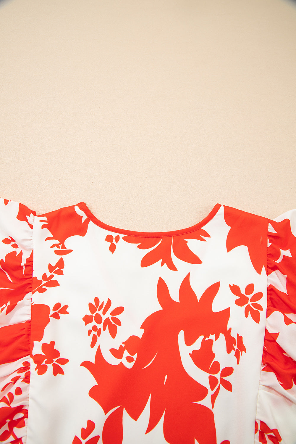 Red Floral Print Trimmed V Neck Ruffle Sleeve Maxi Dress