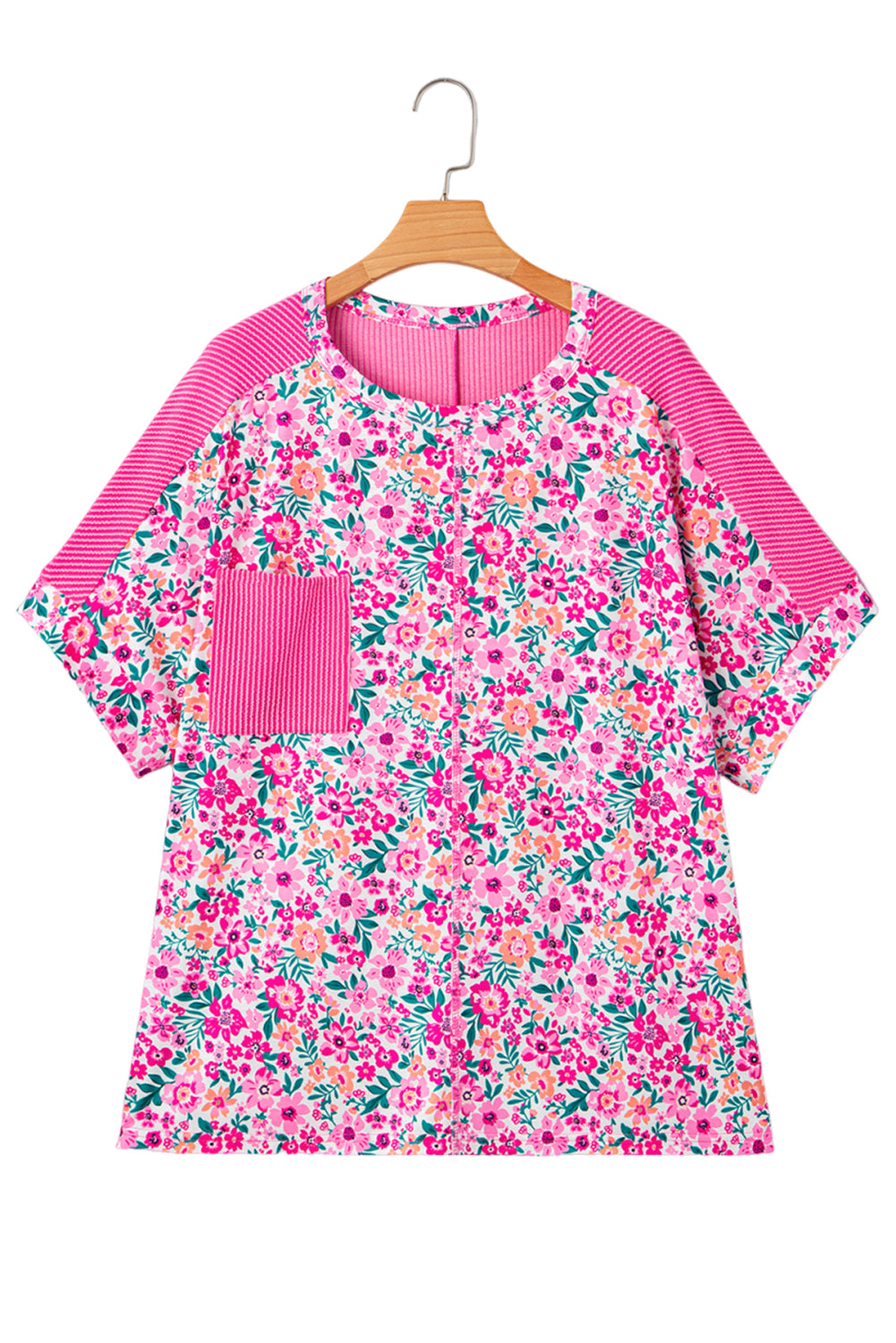 Pink Plus Size Floral Print Corded Patchwork Loose Top