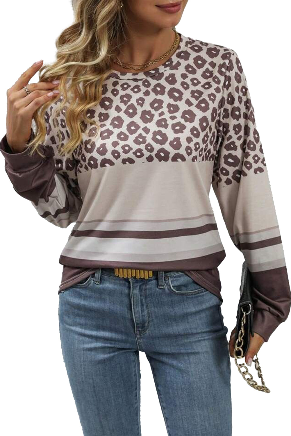 Khaki Leopard Striped Color Block Long Sleeve Top