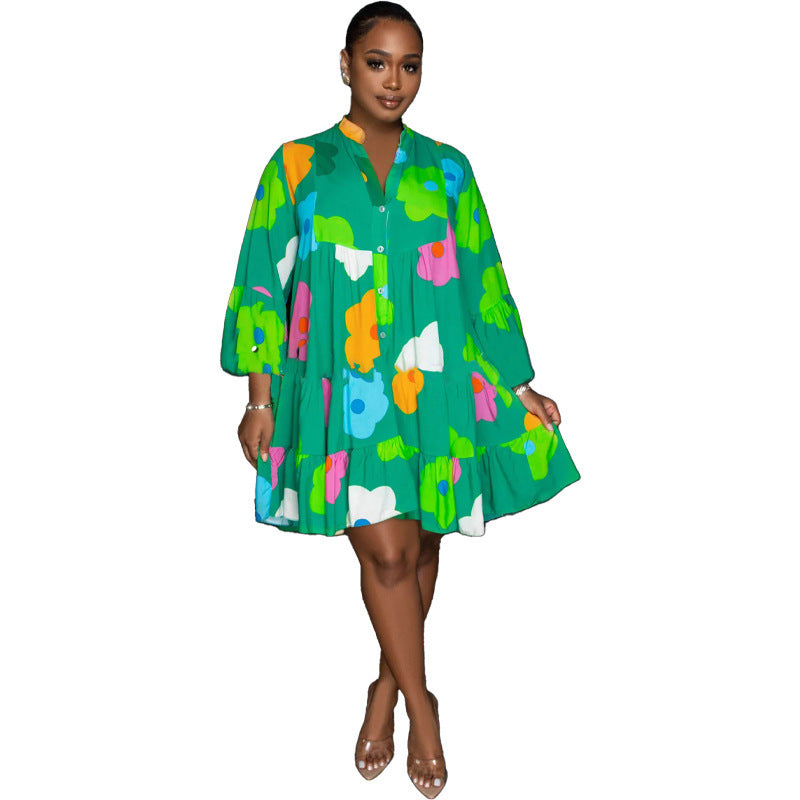 Colorful floral Painted Print V-neck Dress
