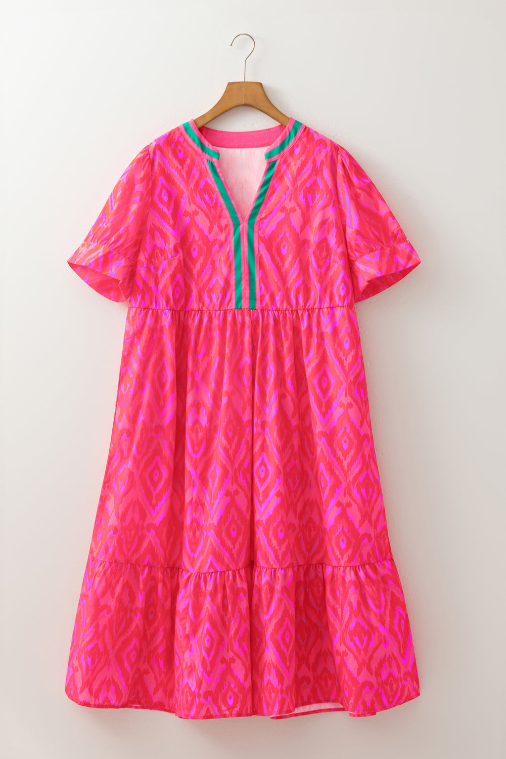 Red Geometric Print Pop of Color Neckline Puff Sleeve Plus Size Dress