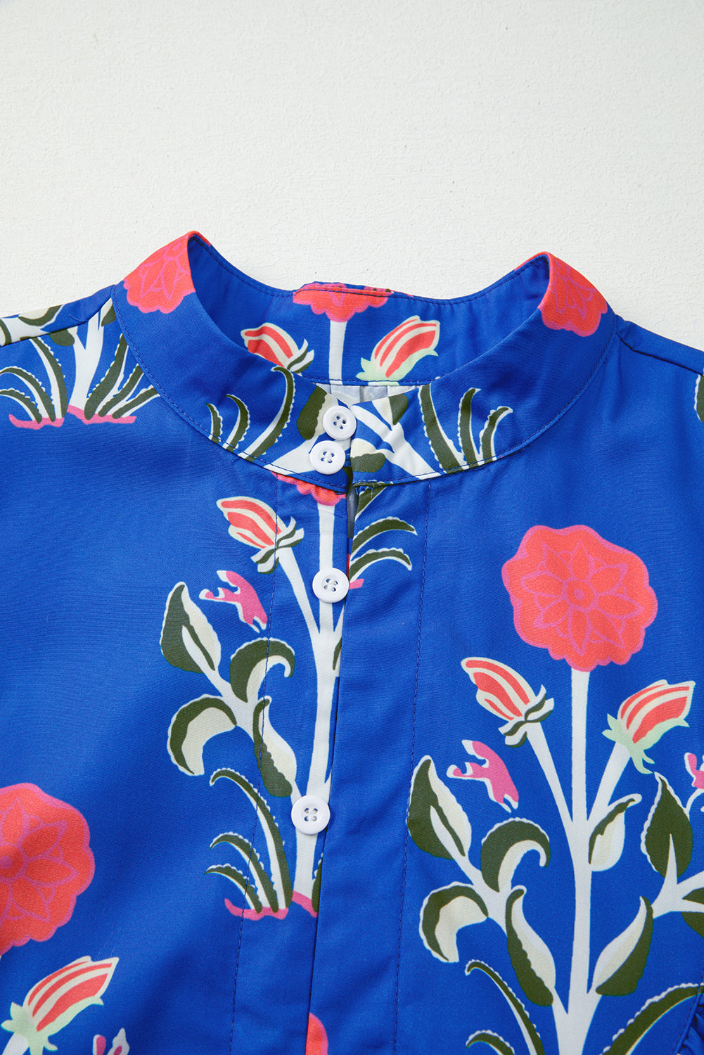 Blue Floral Print Button Front 3/4 Puff Sleeve Ruffle Hem Dress