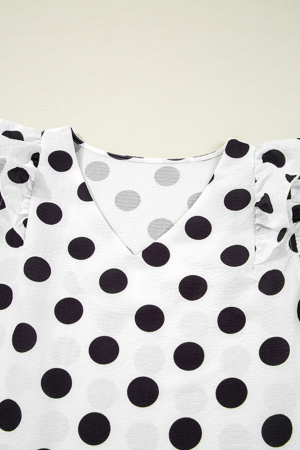 White Polka Dot Print V Neck Ruffle Blouse