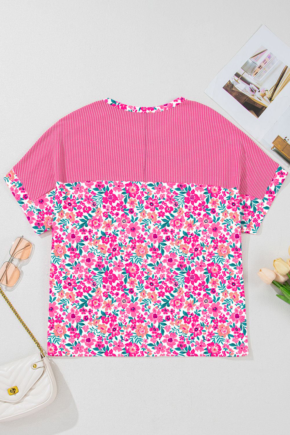 Pink Plus Size Floral Print Corded Patchwork Loose Top