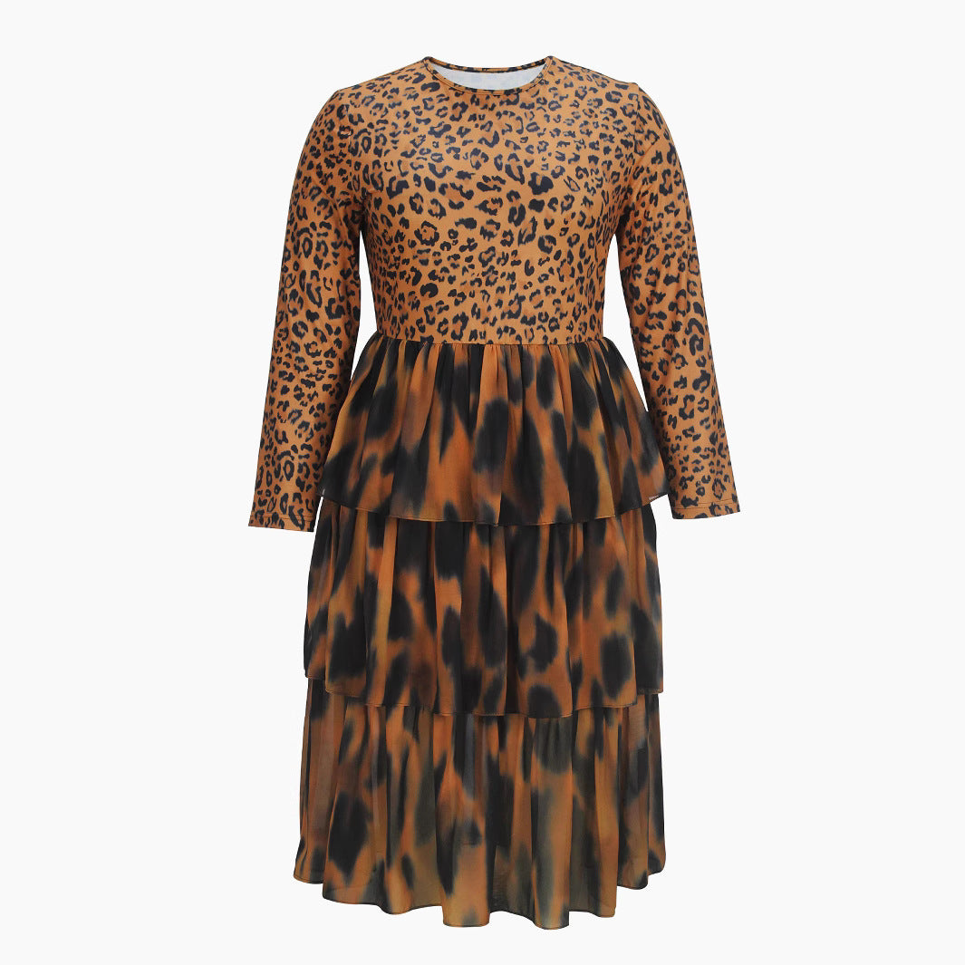 Elegant Leopard Print Cake Dress Plus Size Long Sleeve