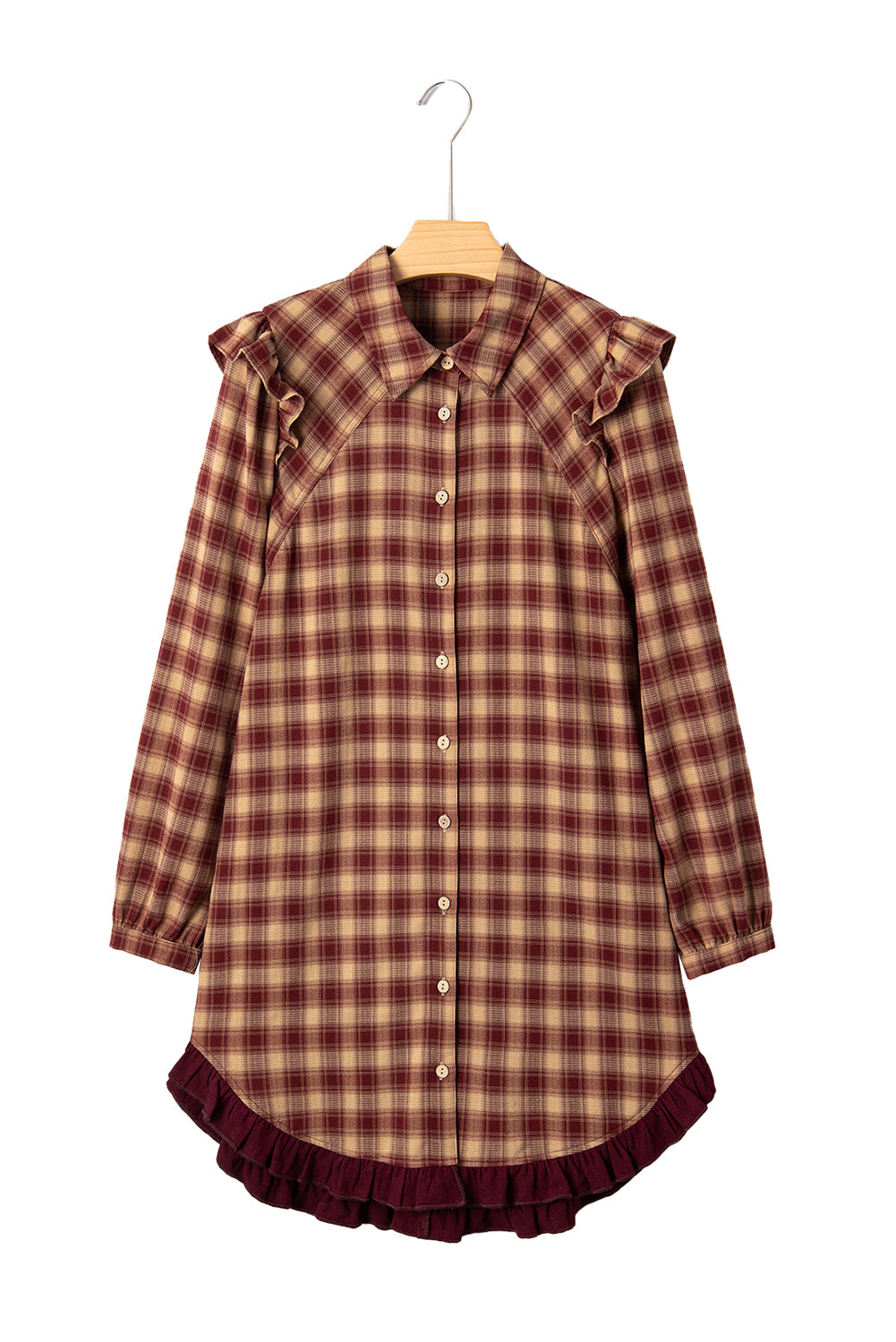 Red Plaid Print Ruffled Long Sleeve Patchwork Hem Mini Shirt Dress