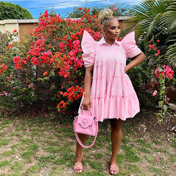 Retro French Style Pleated Puff Sleeve Loose Dress