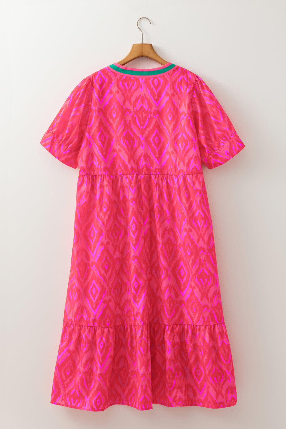 Red Geometric Print Pop of Color Neckline Puff Sleeve Plus Size Dress