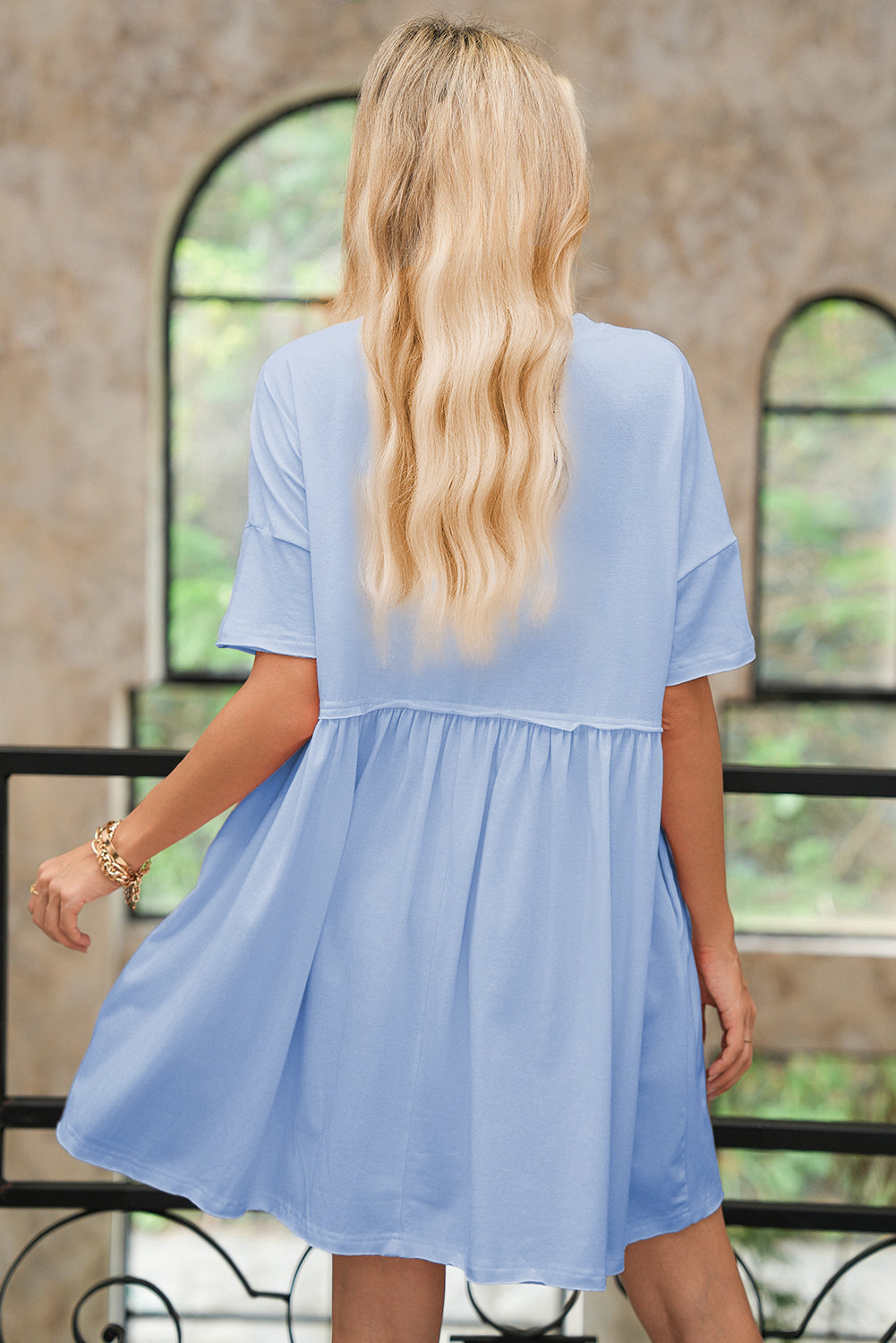 Light Pink Solid Color Pocket Raw Edge Babydoll Dress