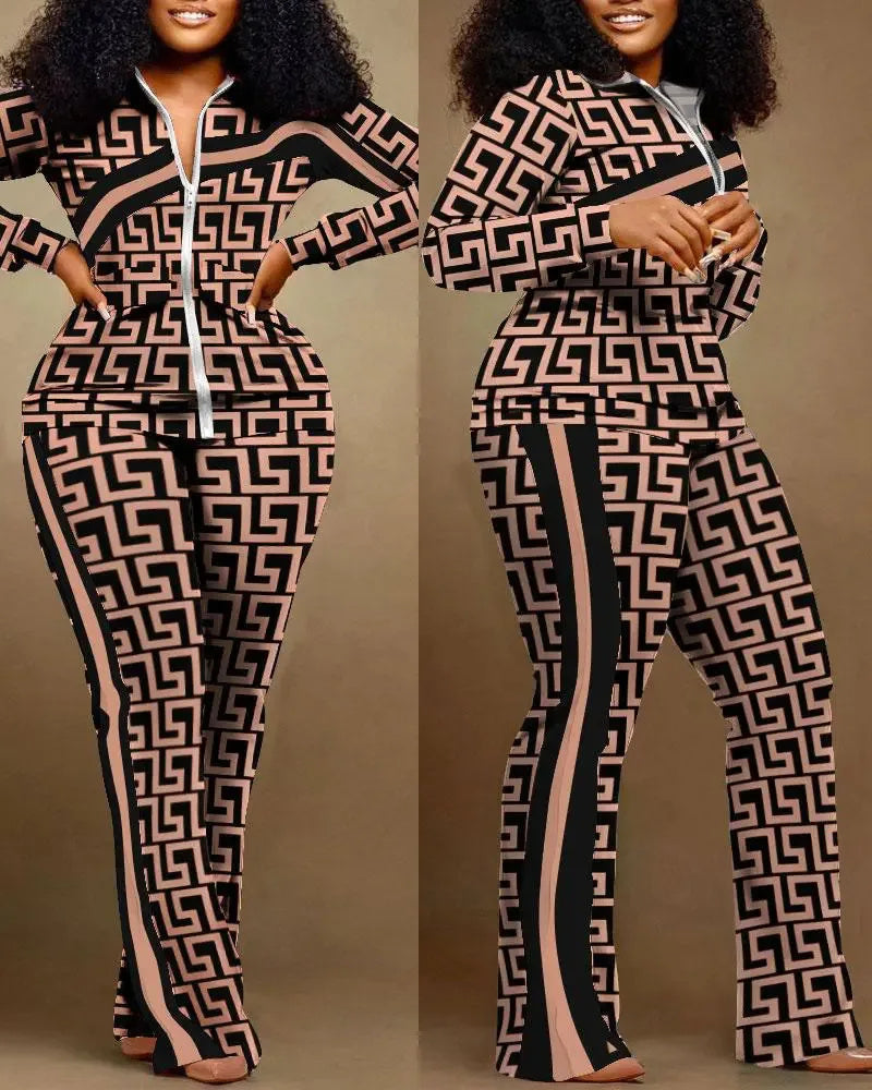 Women Casual Sports Style Zipper Top Sweatpants Two Piece Set
