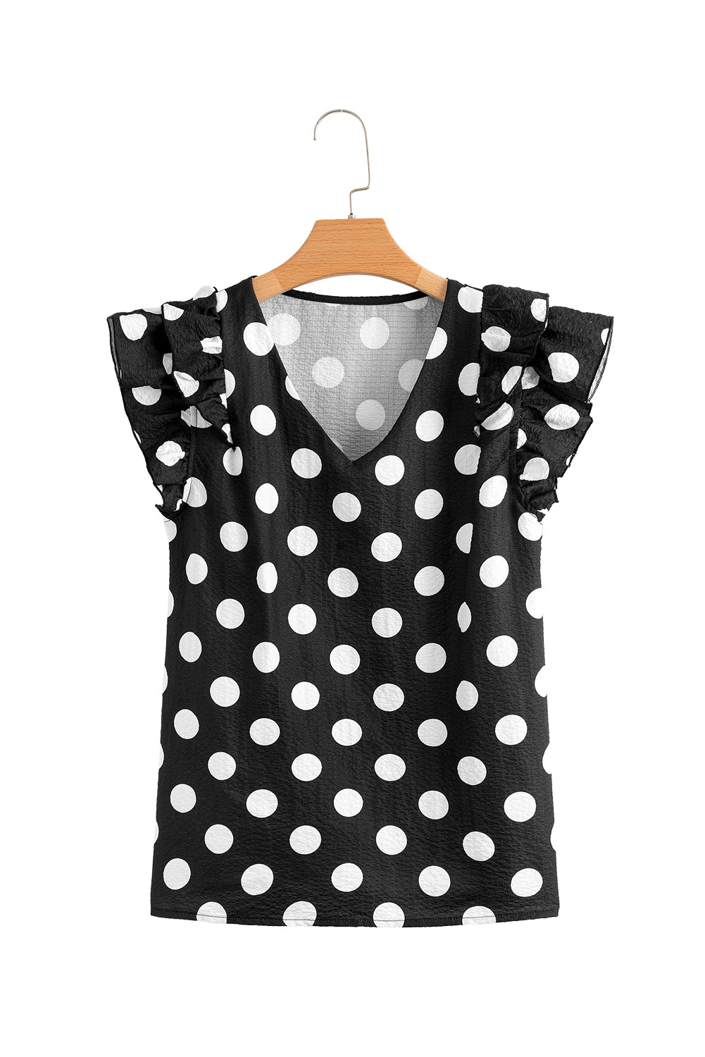 White Polka Dot Print V Neck Ruffle Blouse