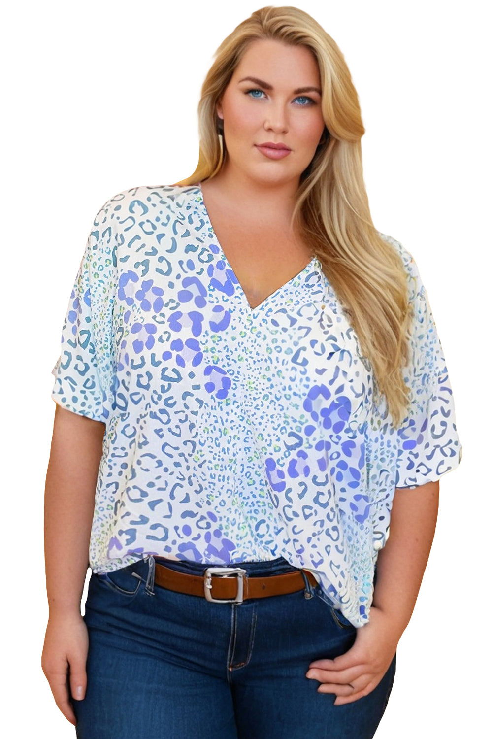 Sky Blue Leopard Print V Neck Short Sleeve Plus Size Top