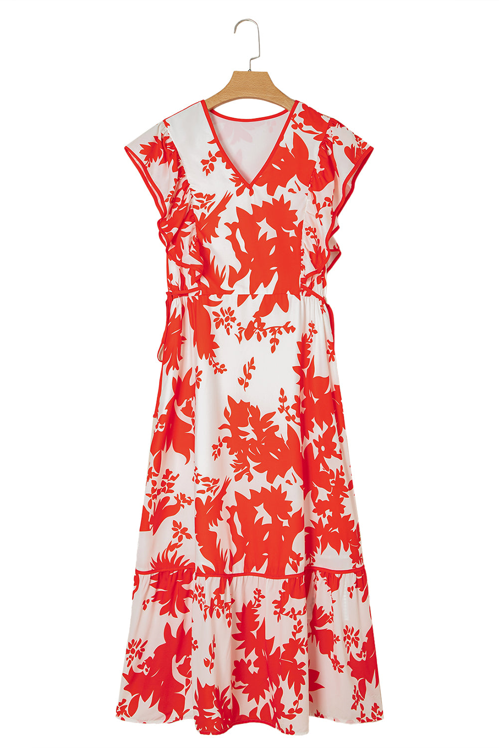 Red Floral Print Trimmed V Neck Ruffle Sleeve Maxi Dress