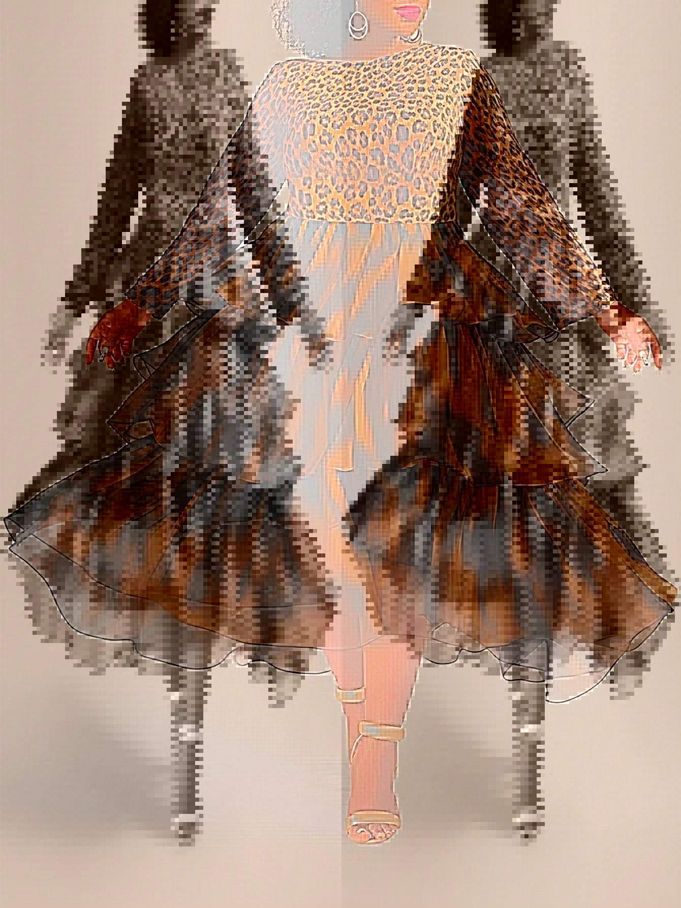 Elegant Leopard Print Cake Dress Plus Size Long Sleeve