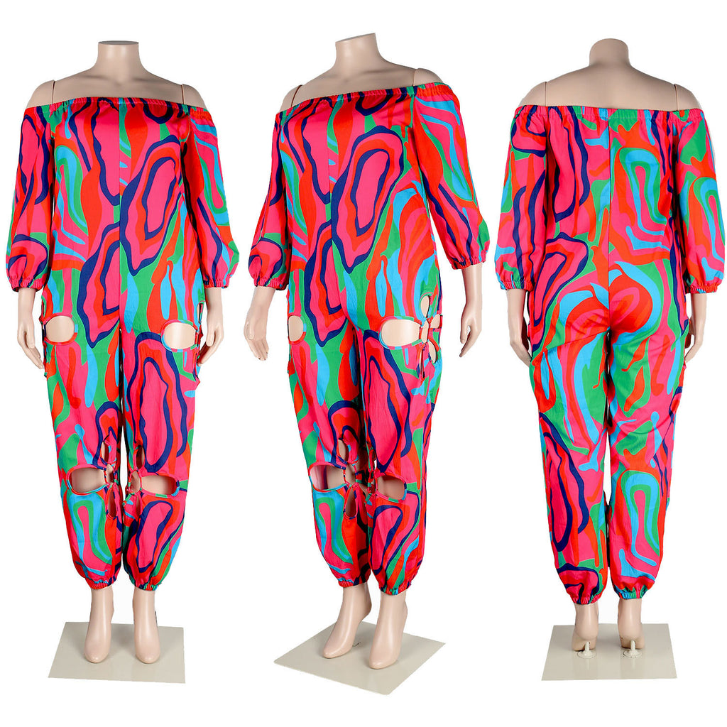 Slim Backless Crocheted Floral Print Plus Size Jumpsuit
