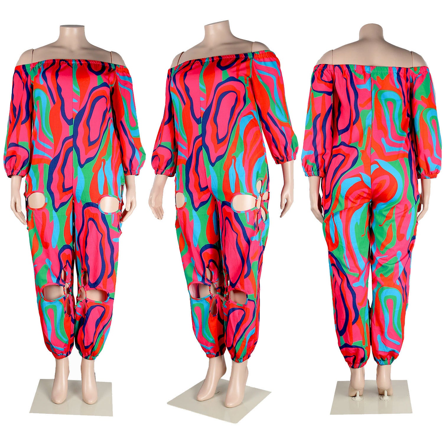 Slim Backless Crocheted Floral Print Plus Size Jumpsuit