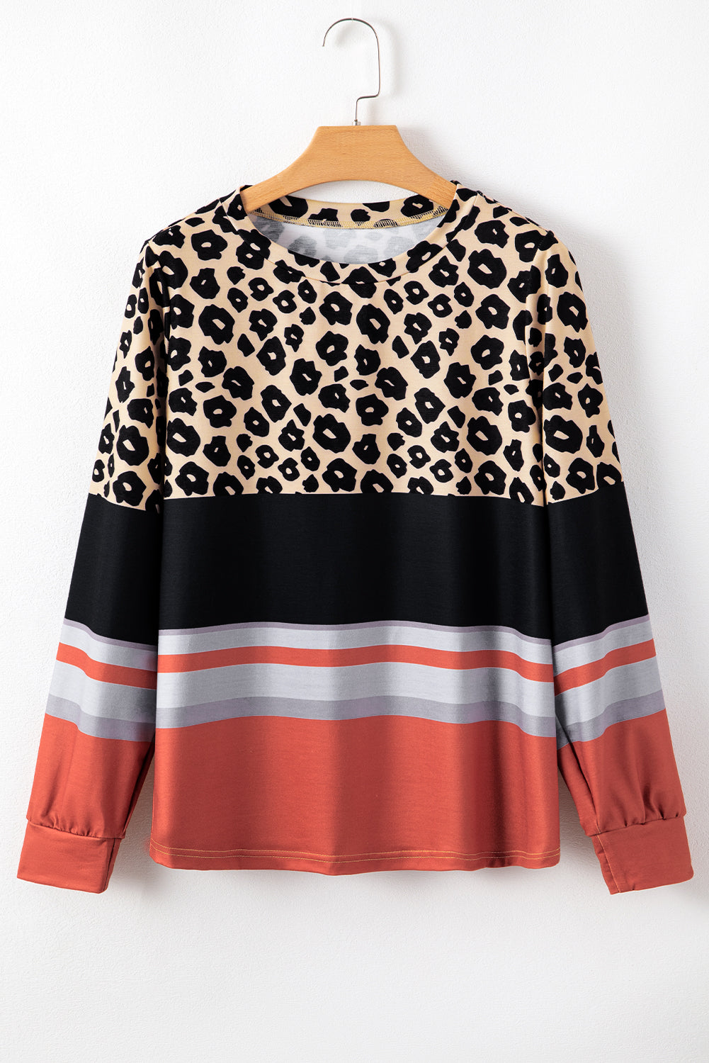 Khaki Leopard Striped Color Block Long Sleeve Top