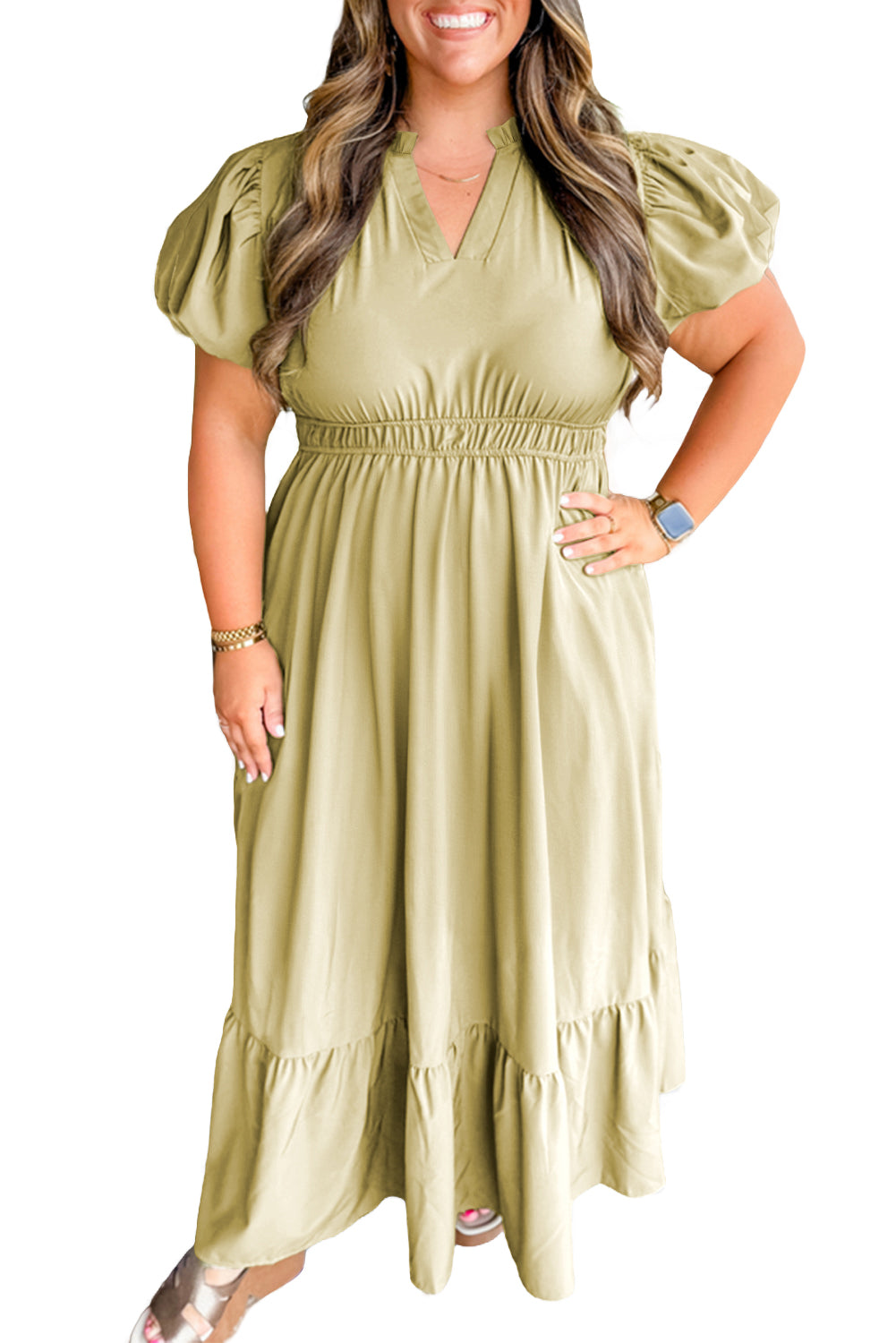 Laurel Green Notched V Neck Puff Sleeve Plus Size Maxi Dress