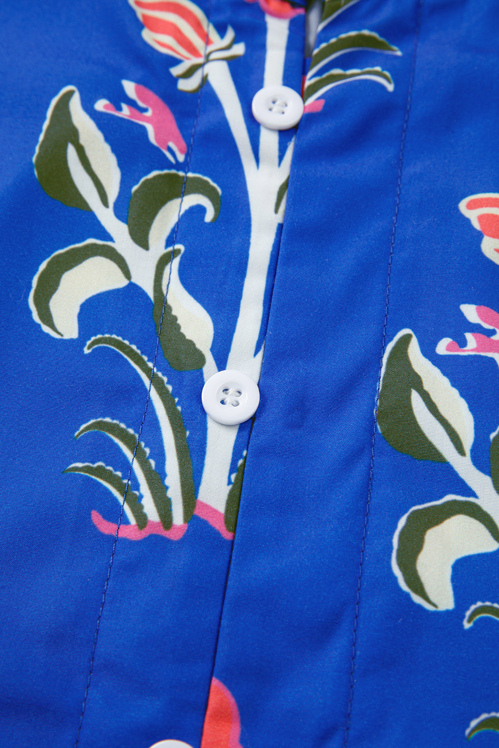 Blue Floral Print Button Front 3/4 Puff Sleeve Ruffle Hem Dress