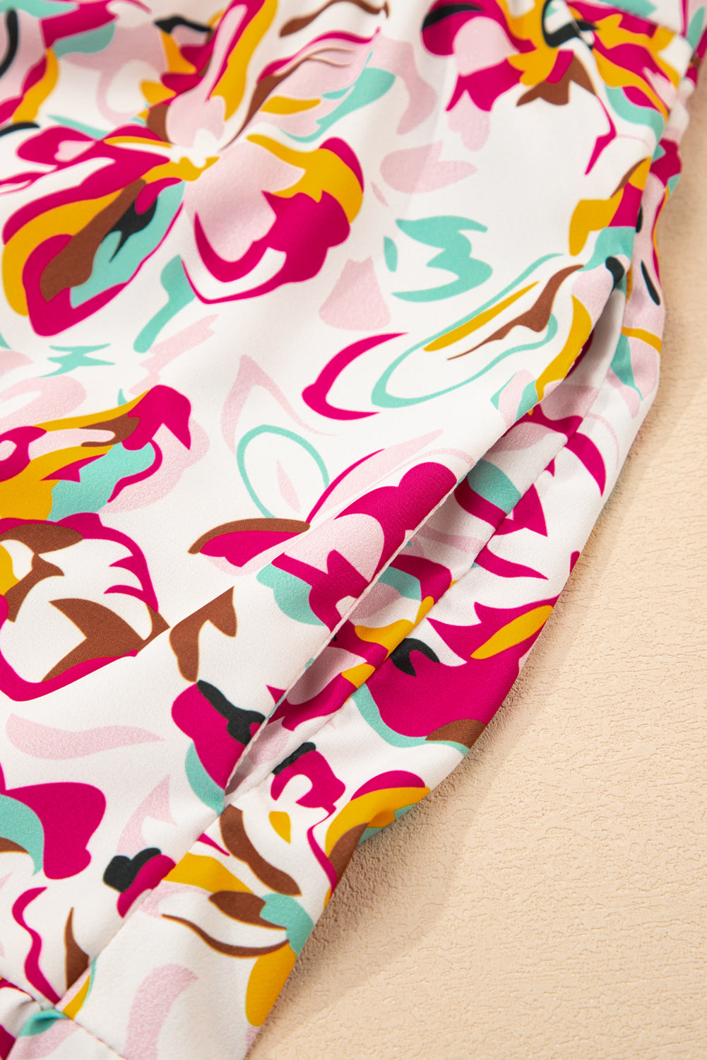 White Abstract Print V Neck Short Sleeve Ruffle Plus Size Mini Dress
