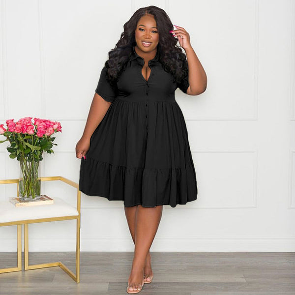 Women's Solid Color Lapel Single Breasted Short Sleeve Dress