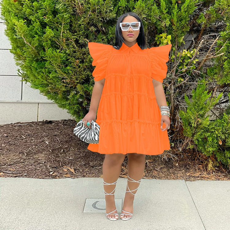 Retro French Style Pleated Puff Sleeve Loose Dress