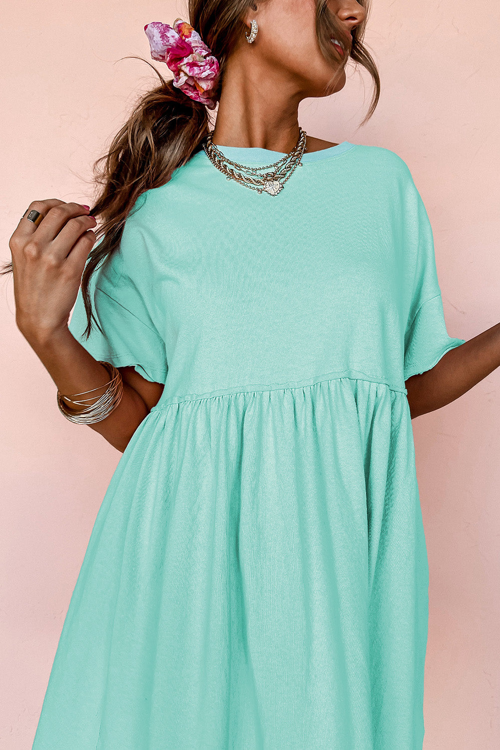 Light Pink Solid Color Pocket Raw Edge Babydoll Dress