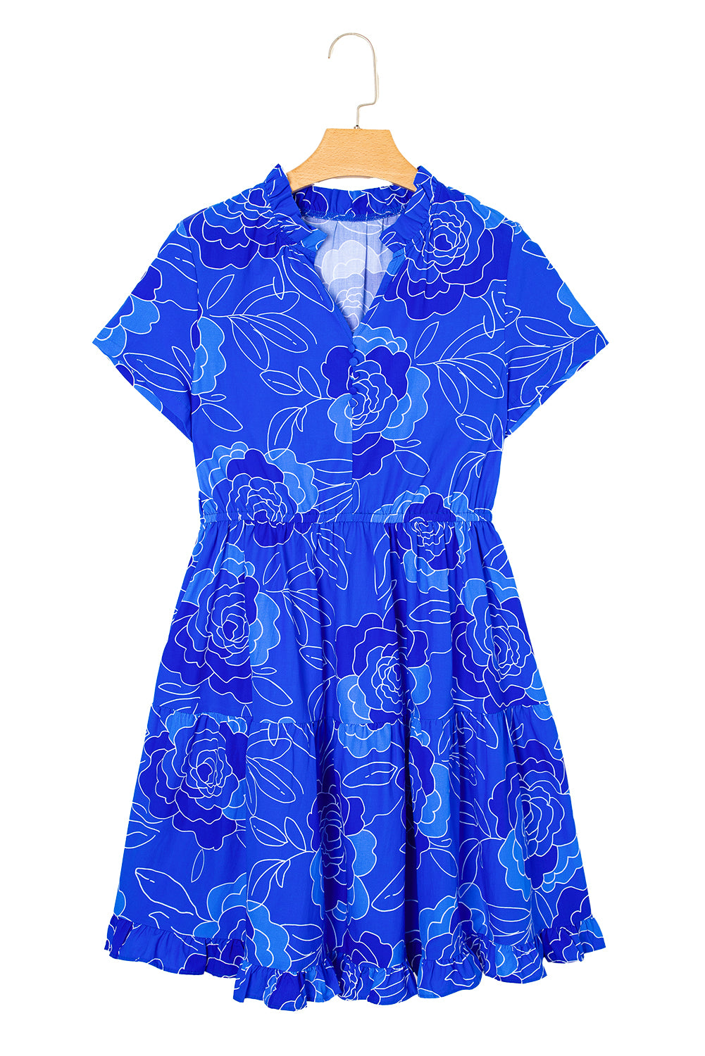 Blue Floral Print Ruffle Hem V Neck Flowy Mini Dress
