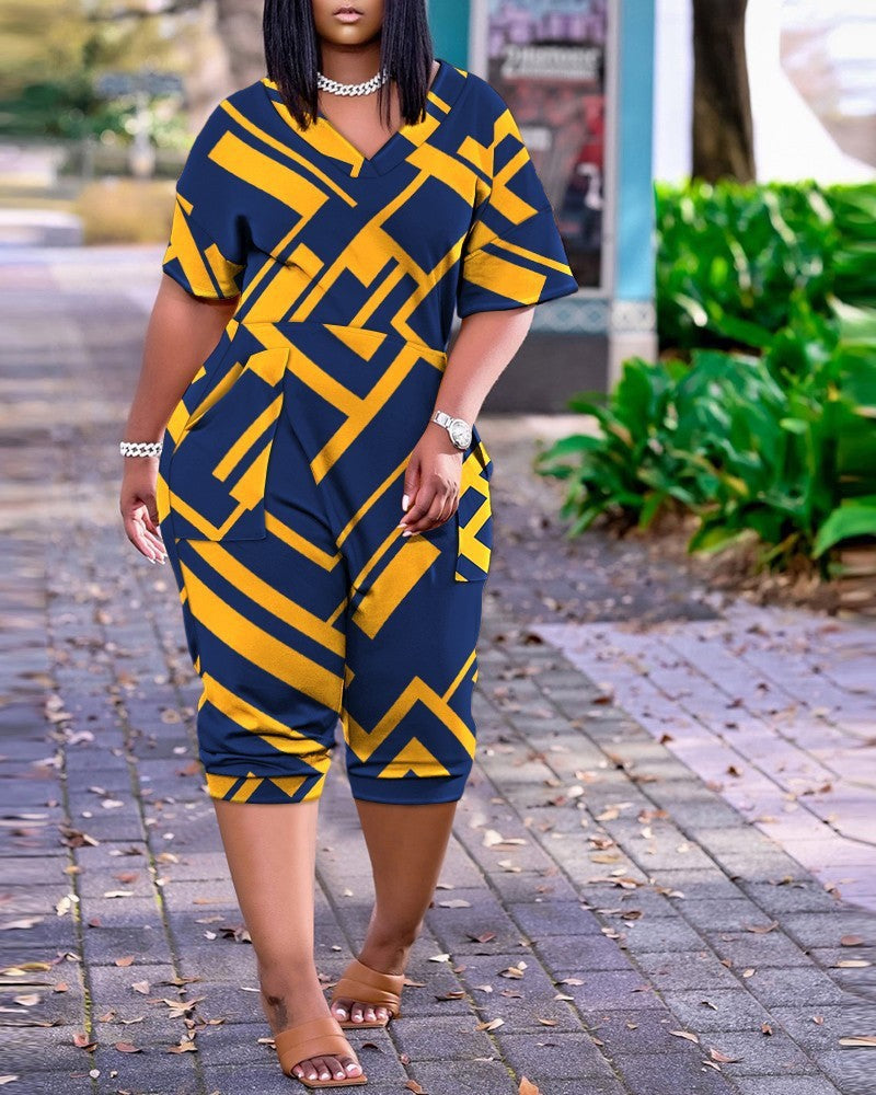 Summer Loose V-neck Stitching Patch Pocket Printed Jumpsuit