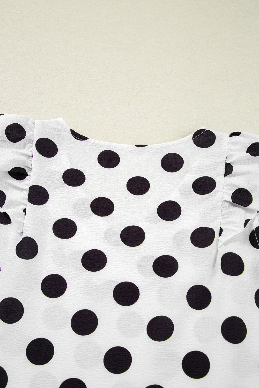 White Polka Dot Print V Neck Ruffle Blouse