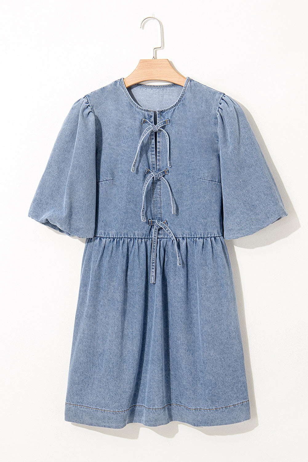 Dusk Blue Bowknot Puff Sleeve Denim Dress