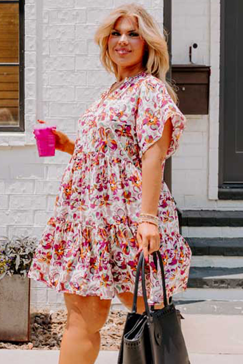 White Abstract Print V Neck Short Sleeve Ruffle Plus Size Mini Dress