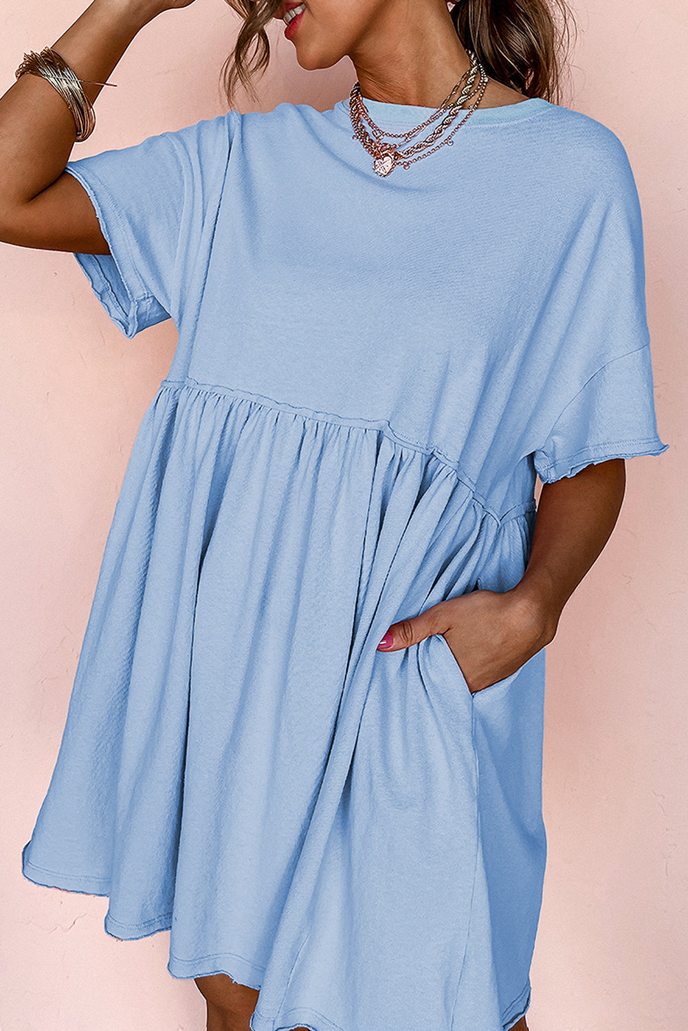 Light Pink Solid Color Pocket Raw Edge Babydoll Dress