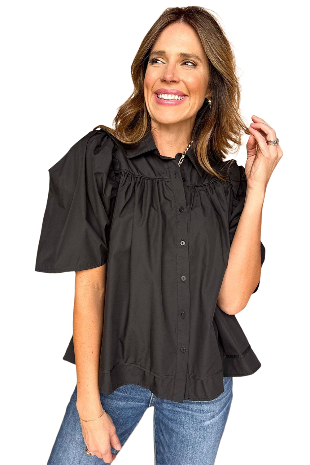 Black Solid Color Puff Sleeve Stylish Collared Shirt