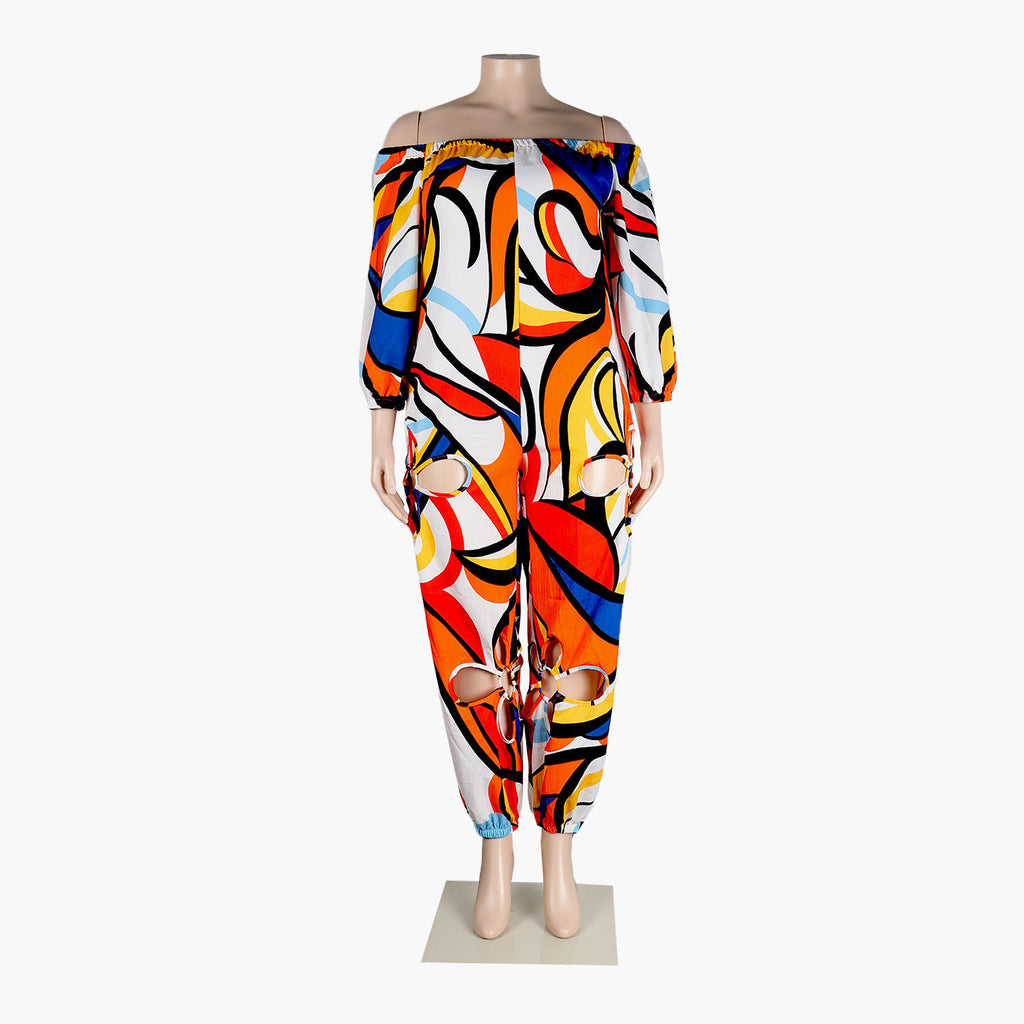 Slim Backless Crocheted Floral Print Plus Size Jumpsuit