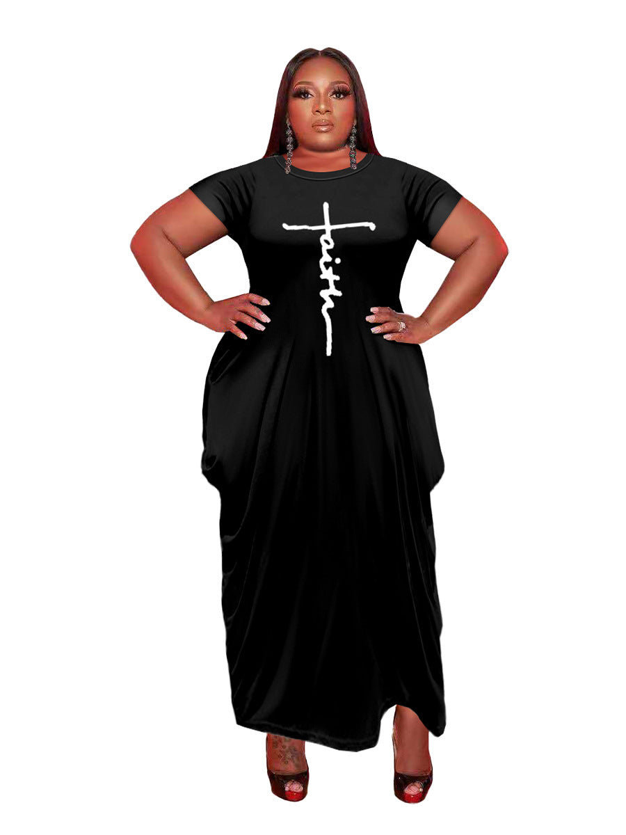 New Ladies Solid Color Round Neck Short Sleeve Irregular Hem Dress