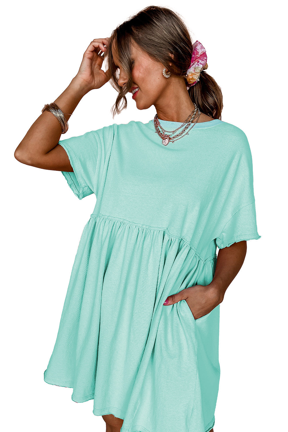 Light Pink Solid Color Pocket Raw Edge Babydoll Dress