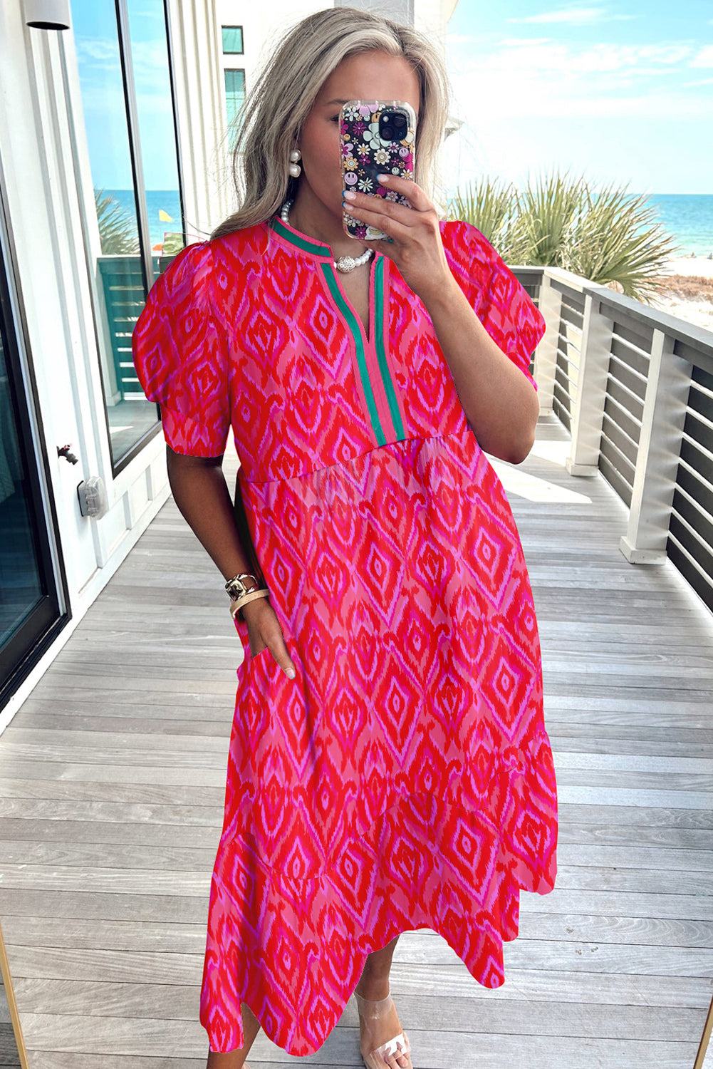 Red Geometric Print Pop of Color Neckline Puff Sleeve Plus Size Dress