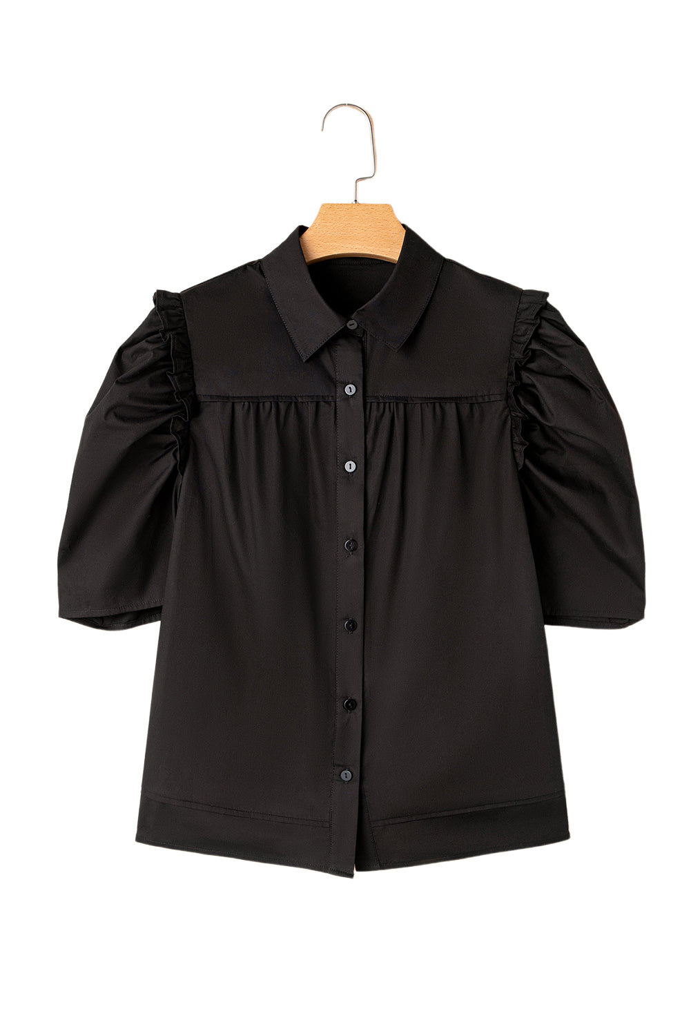 Black Solid Color Puff Sleeve Stylish Collared Shirt