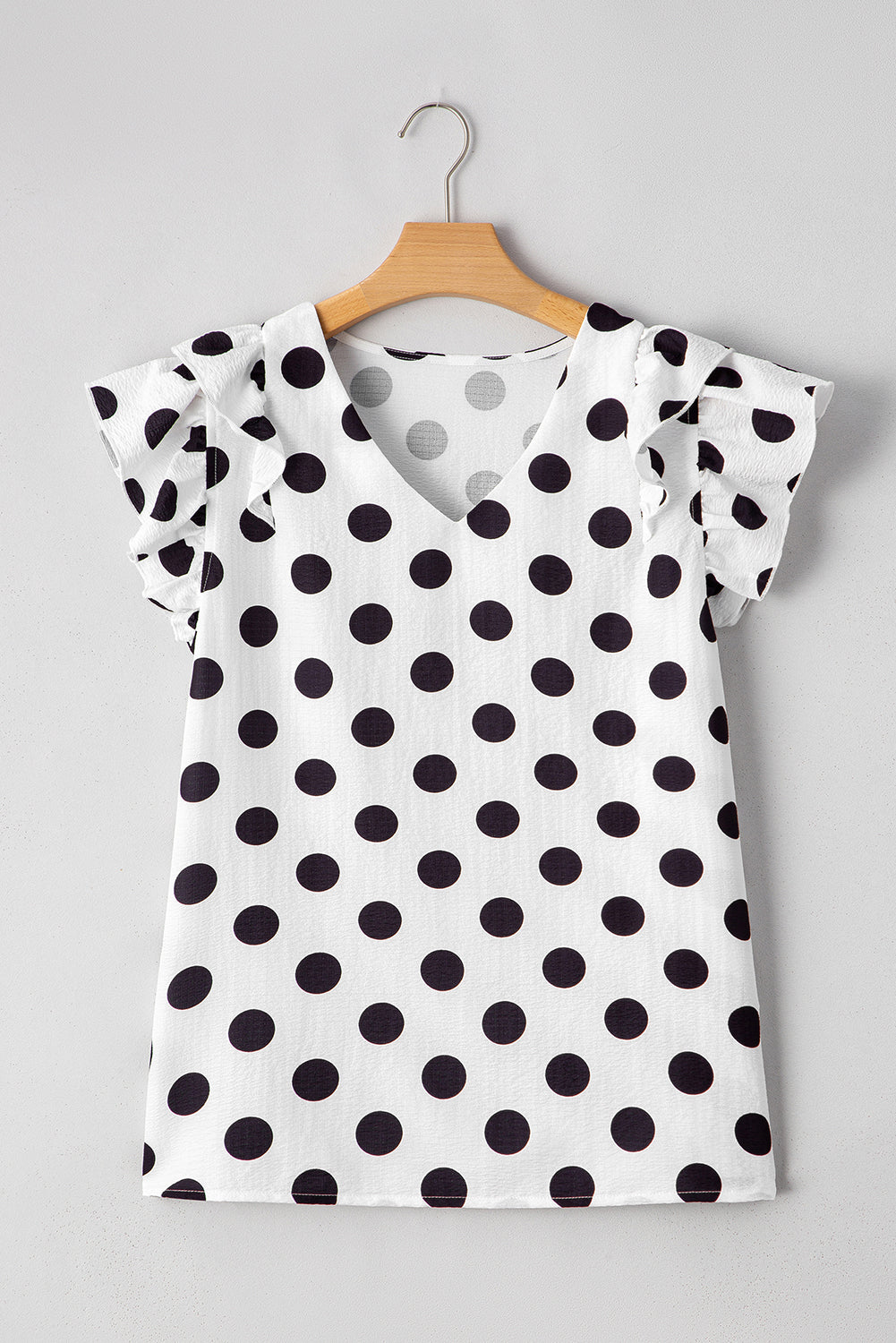 White Polka Dot Print V Neck Ruffle Blouse