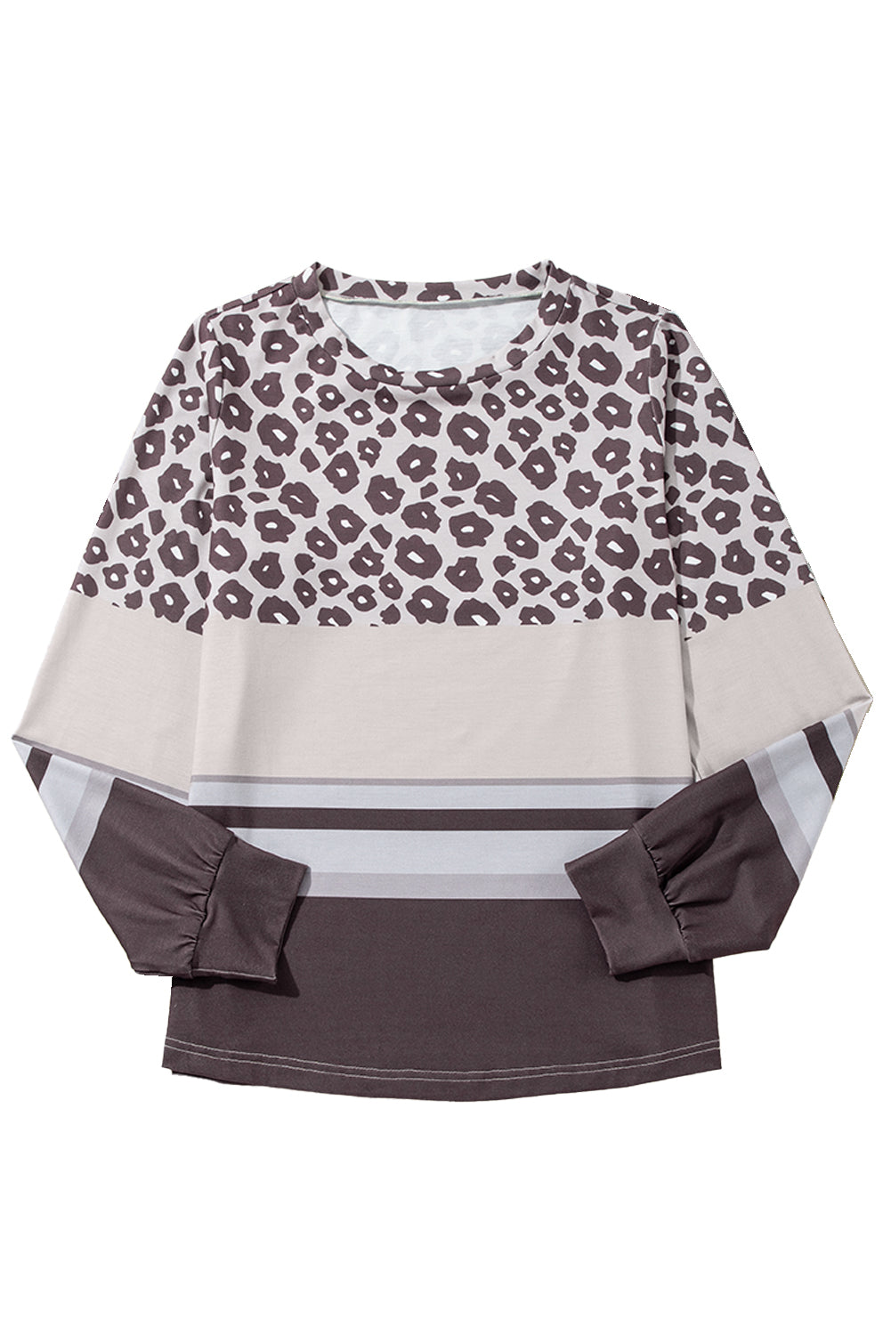 Khaki Leopard Striped Color Block Long Sleeve Top