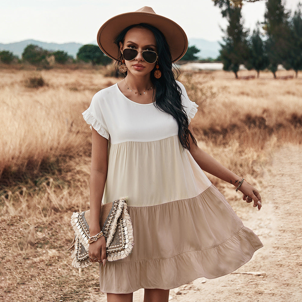 Short-Sleeved Stitching Contrast Color Loose Big Swing Dress